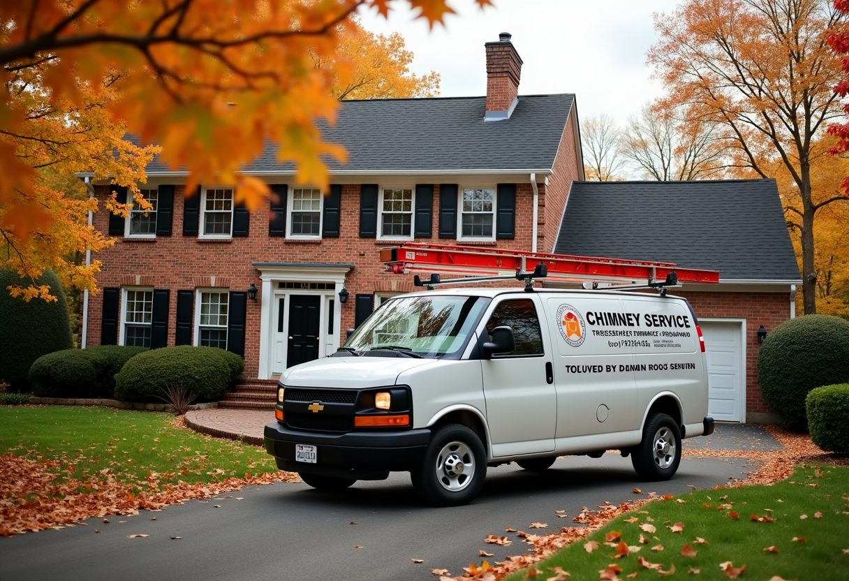 Chimney service van in a colonial home driveway — Bothell